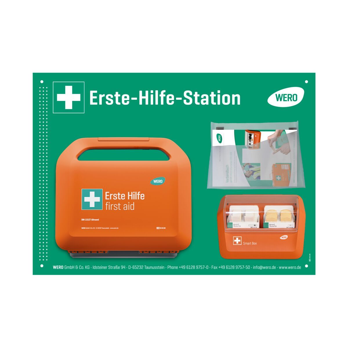 Orange Erste-Hilfe-Station mit Tragegriff, weißem Kreuz und Text. Enthält eine transparente Tasche und eine kleinere Box.