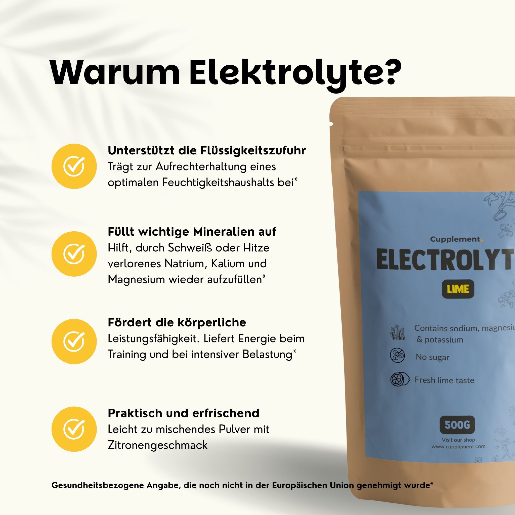 Beutel Cupplement Elektrolyte Lime. Text: Unterstützt Flüssigkeitszufuhr, Füllt Mineralien auf, Fördert Leistung. 500g.