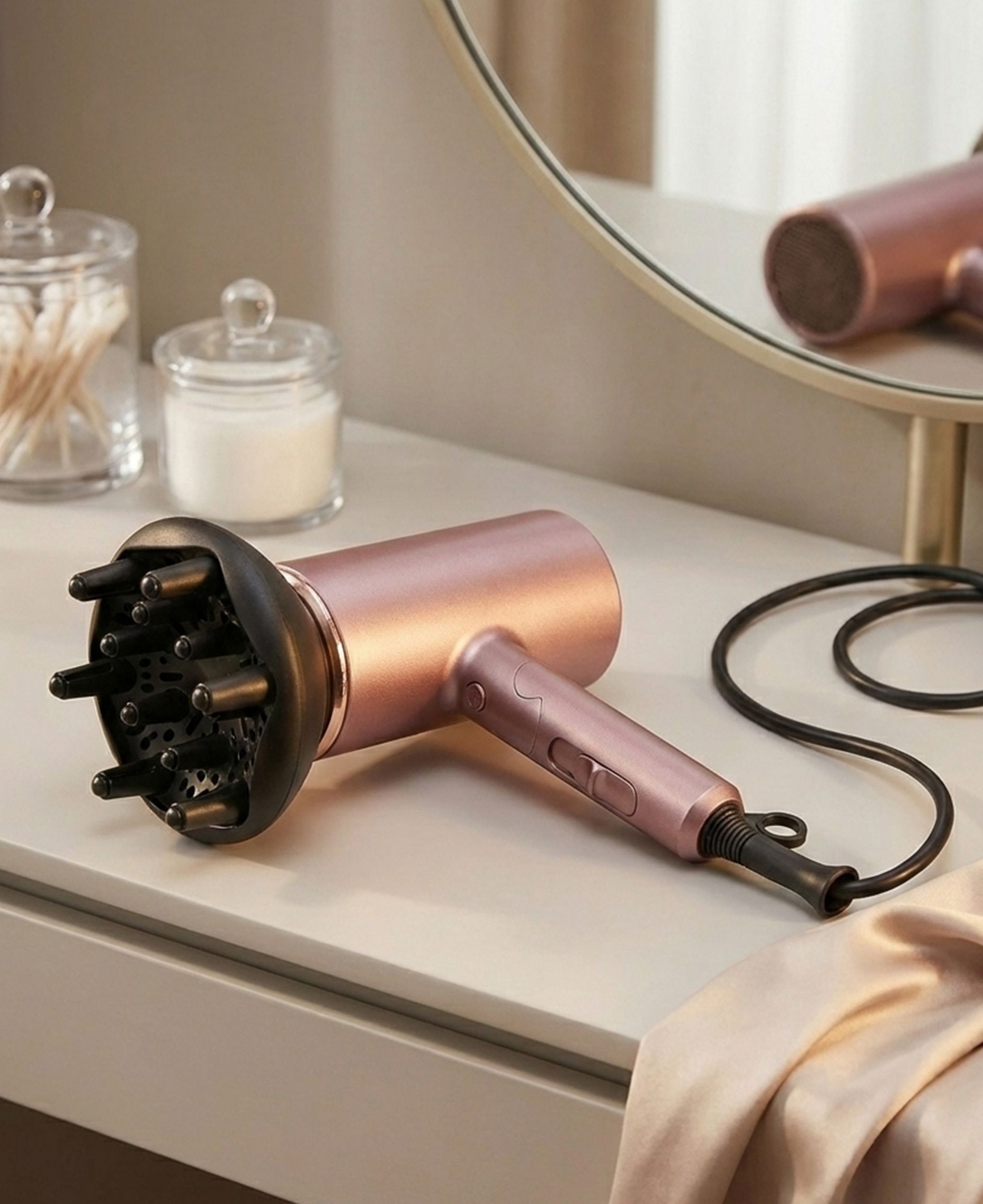 Pflaumenfarbener Haartrockner mit Diffusor auf einer Kommode. Spiegel und Accessoires im Hintergrund.