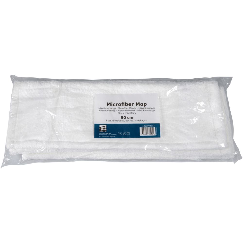 Mikrofasermopp-Set in Folienverpackung. Weiß, rechteckig. Aufschrift: Microfiber Mop, 50 cm.