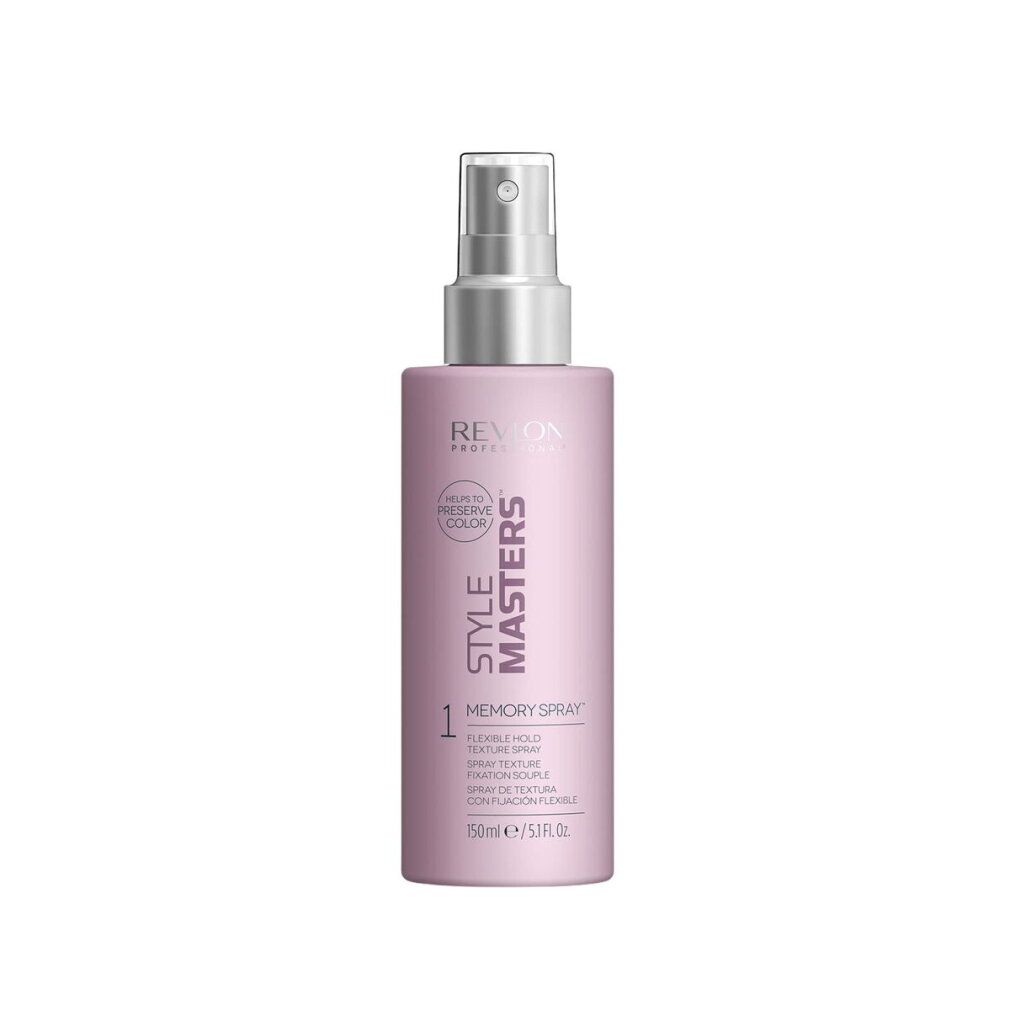 Revlon Style Masters Texture Spray. Flasche mit Sprühkopf. Text: Memory Spray, Flexible Hold Texture Spray. Farbe: Lila.