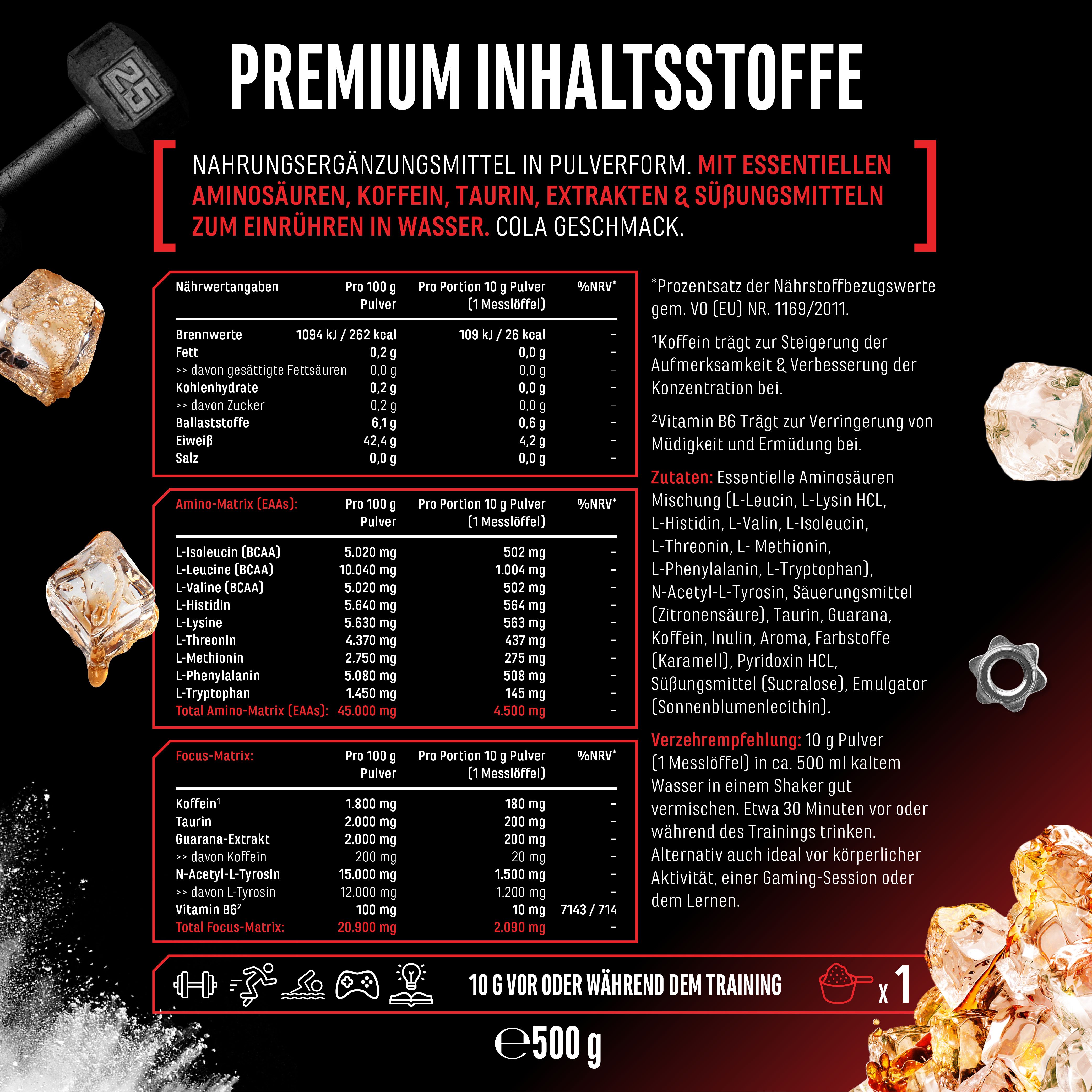 Infografik: "Premium Inhaltsstoffe". Nährwertangaben, essentielle Aminosäuren, Koffein, Taurin. Cola-Geschmack. 10g Pulver in Wasser.