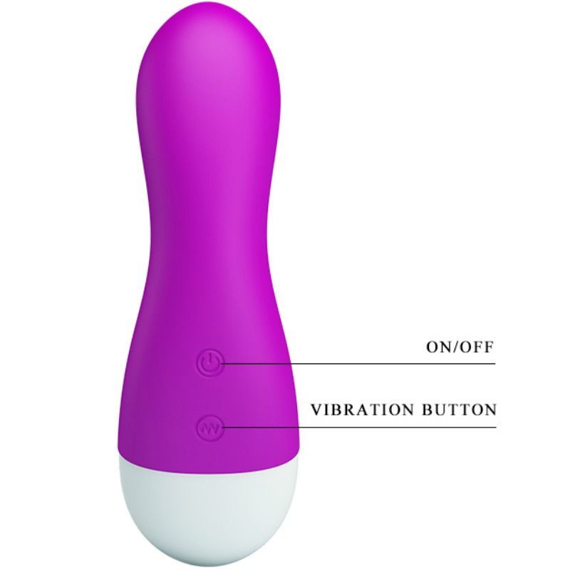 Lila Stimulator mit weißer Spitze. Mit ON/OFF- und Vibrations-Taste. Beschriftung.