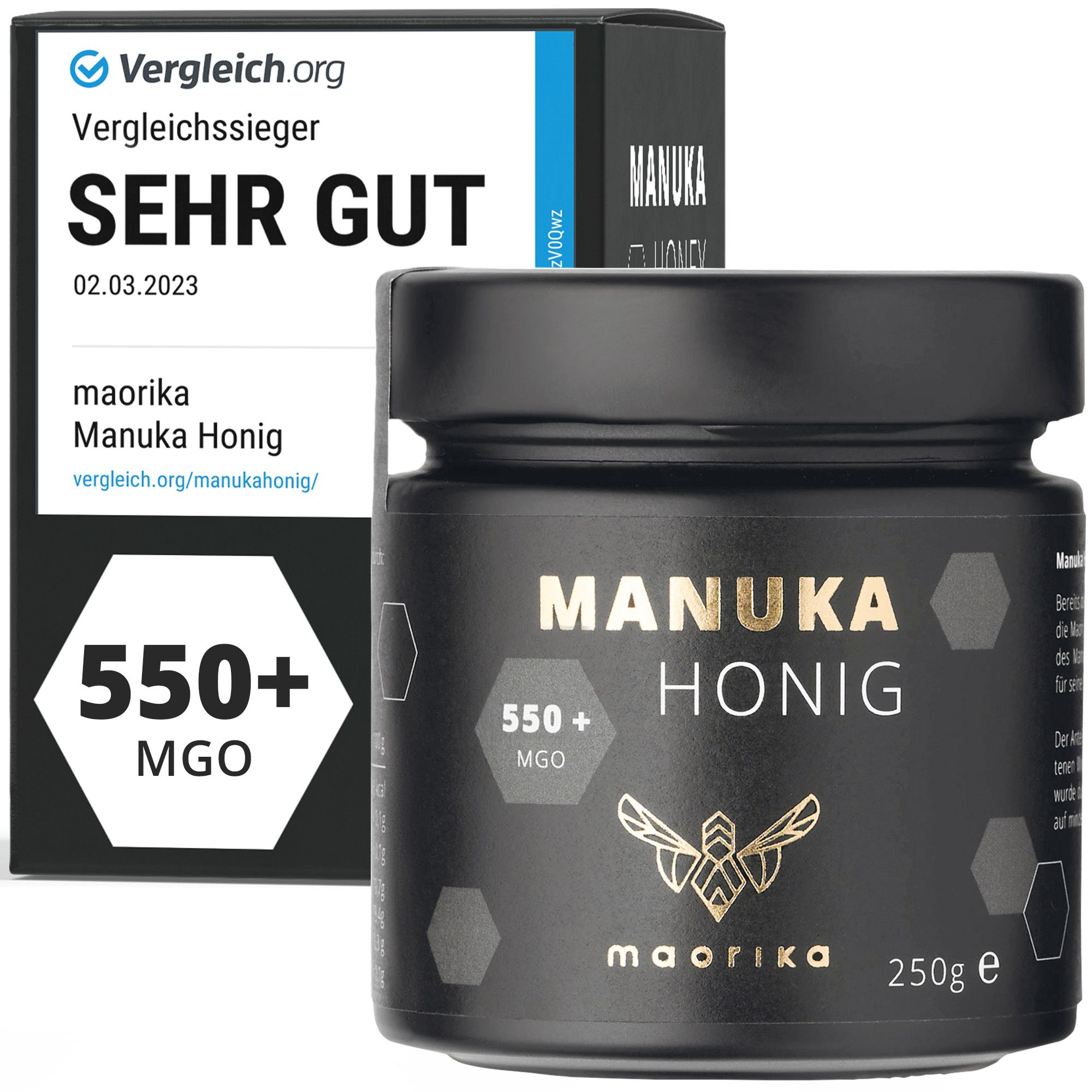 Schwarzes Glas mit Manuka Honig, 550+ MGO. Verpackung mit Auszeichnung "SEHR GUT".
