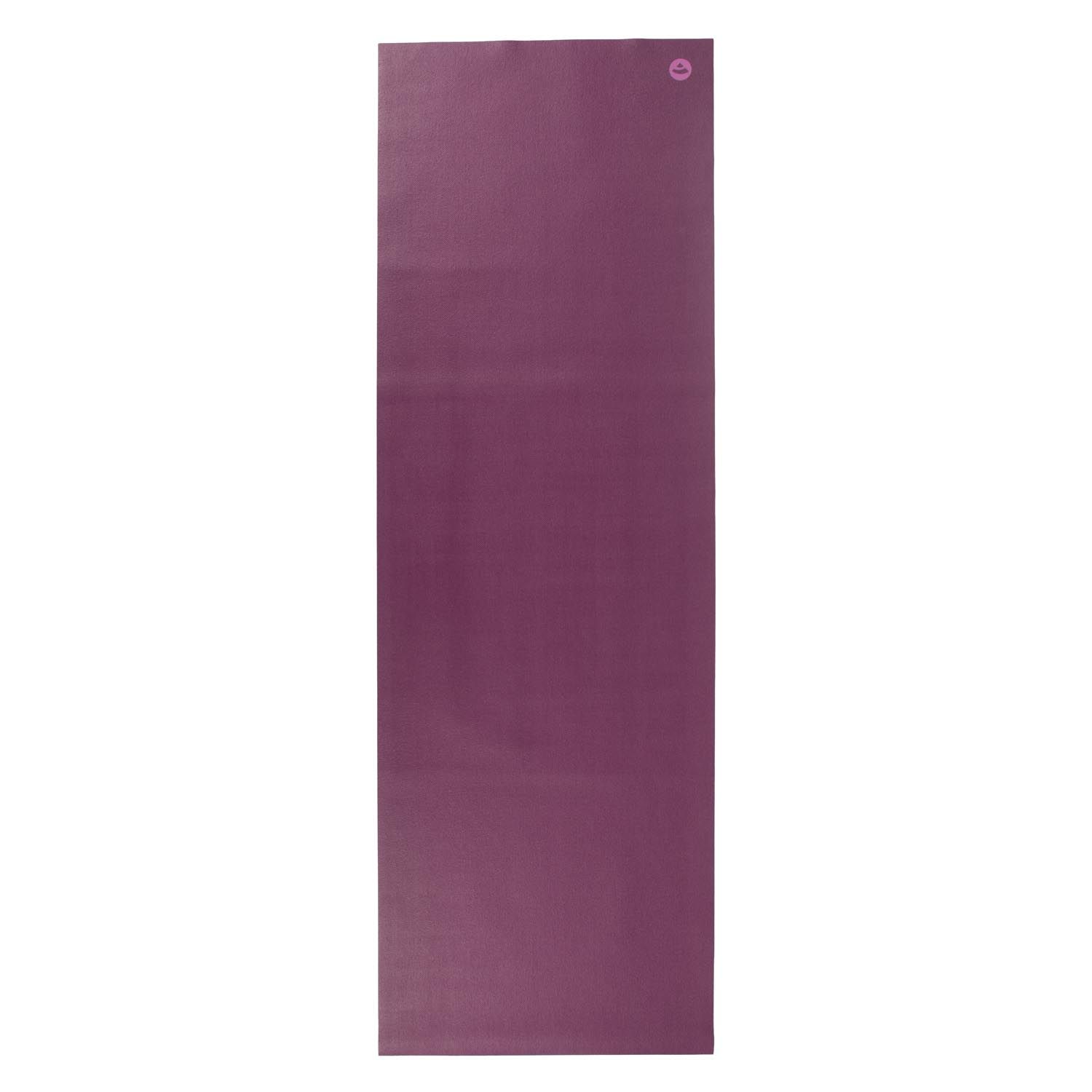 Bordeauxfarbene Yogamatte, flach ausgebreitet. Logo oben rechts.