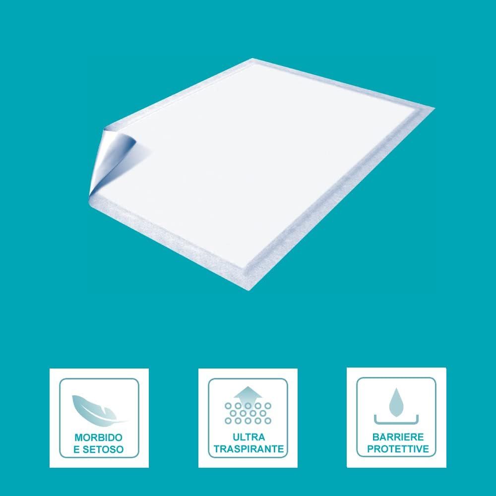 Weißes, rechteckiges Produkt mit abgerundeten Ecken. Blaue Hintergrund. Text: 'Morbido e setoso', 'Ultra traspirante', 'Barriere protettive'.