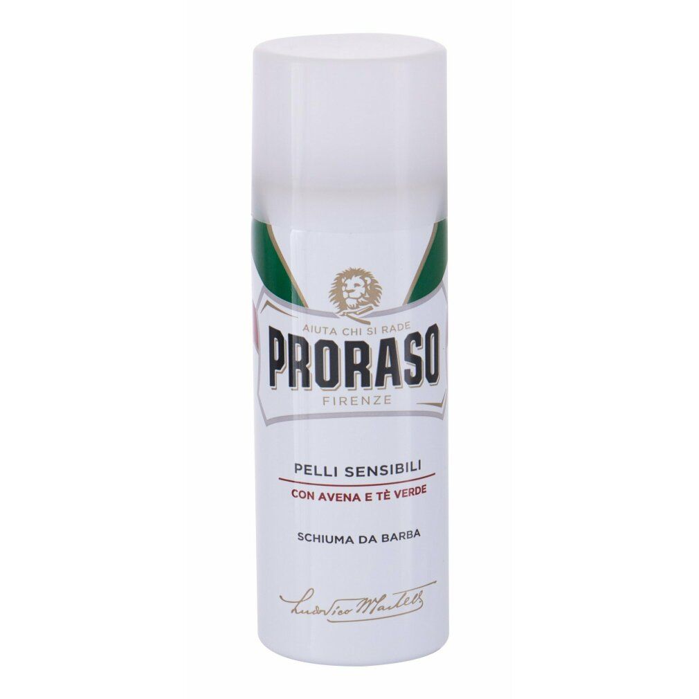 Weiße Rasiercreme-Dose. Aufschrift PRORASO, Firenze. Text: Pelli Sensibili con Avena e Tè Verde. Schaum für empfindliche Haut.