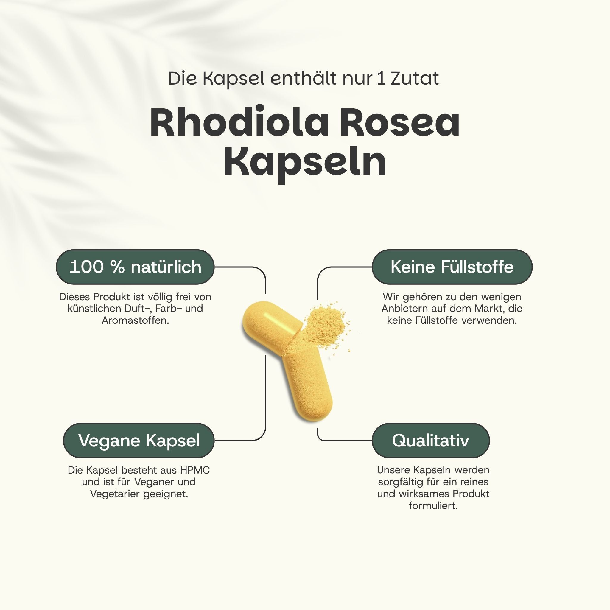 Gelbe Kapsel mit Inhalt. Text: Rhodiola Rosea Kapseln. 100% natürlich, keine Füllstoffe, vegane Kapsel, qualitativ.