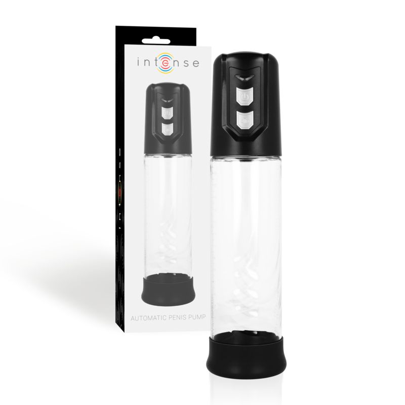 Automatische Pumpe mit schwarzem Kopf und Sockel, transparentem Zylinder. Verpackung mit Produktabbildung und Schriftzug "intense".