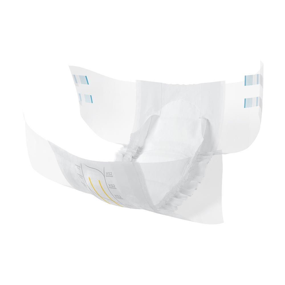 Abena Slip Premium XS2. Einzelner weißer Inkontinenz-Slip. Mit blauen und gelben Markierungen.