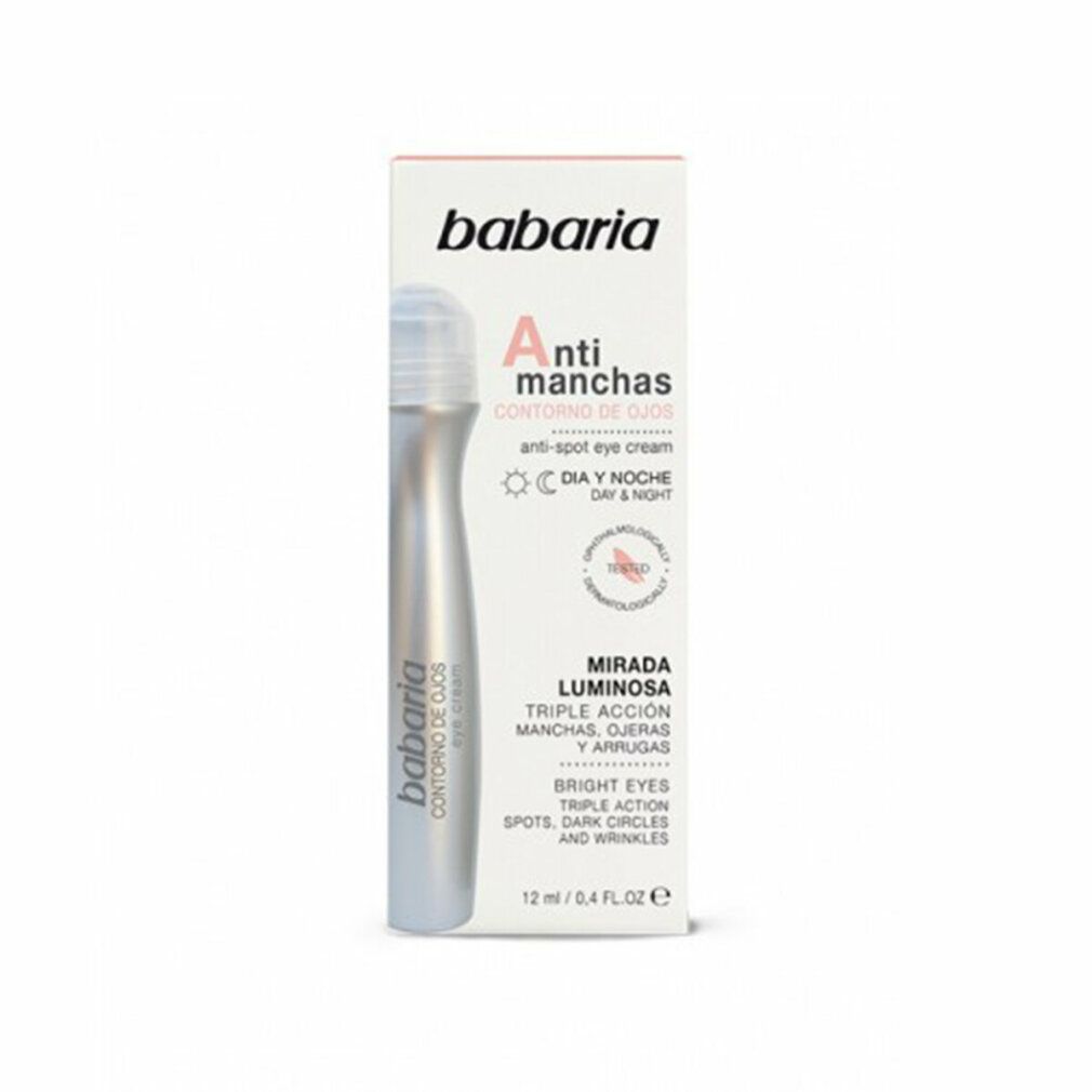 Babaria Anti-Spot Augencreme. Silberne Tube mit Roll-On-Applikator und Verpackung. Text: Anti-Flecken, Tag & Nacht.