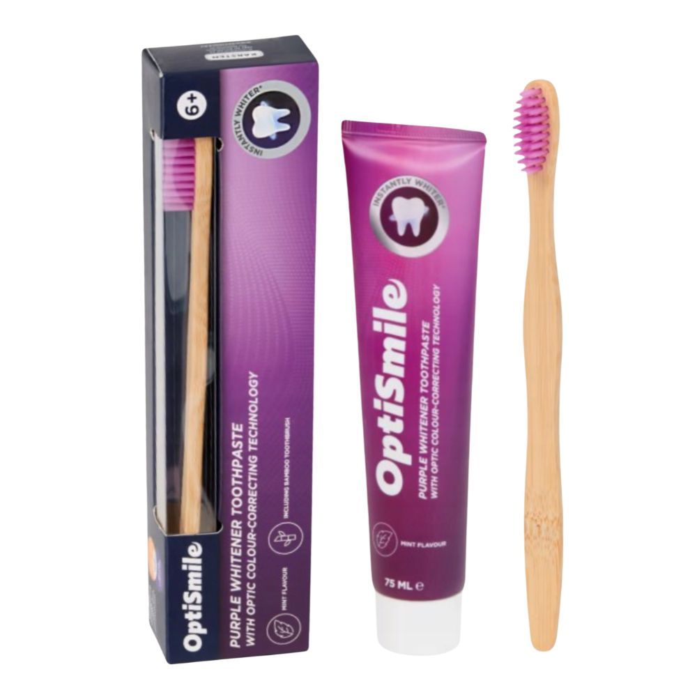 Zahnbürste und Zahnpasta. Lila Tube und Holzzahnbürste. Verpackung mit Zahnbürste. OptiSmile.