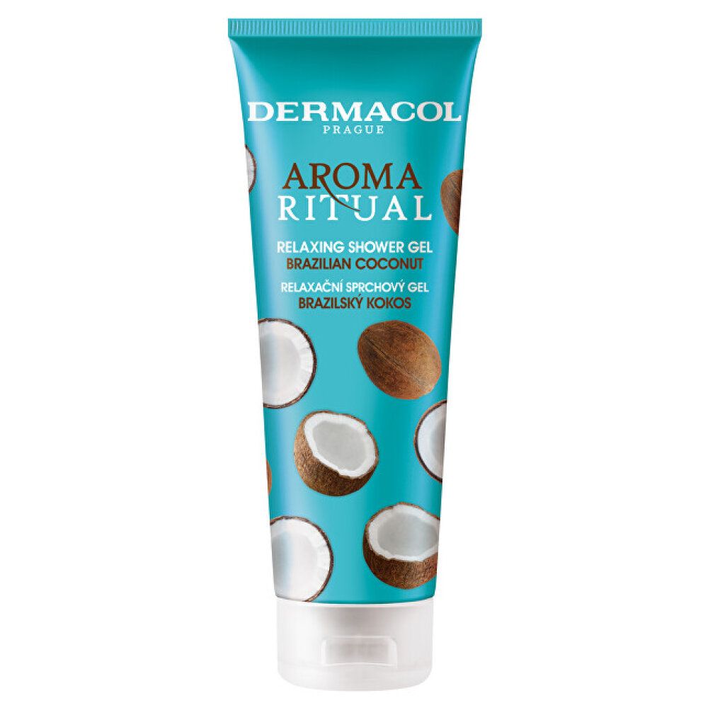 Türkisfarbene Tube mit Produktnamen und Kokosnuss-Illustrationen. Text: Aroma Ritual Relaxing Shower Gel Brazilian Coconut.