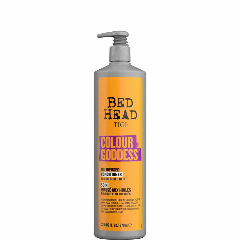 Bed Head TIGI Colour Goddess Conditioner Flasche mit Pumpspender, orangefarbenes Etikett.