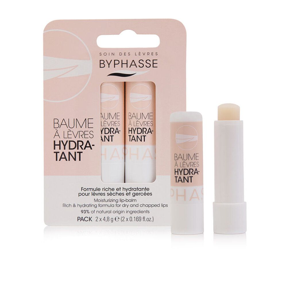 Zwei Lippenbalsam-Stifte in Blisterverpackung und ein einzelner Stift. Aufdruck: BYPHASSE, BAUME À LÈVRES HYDRATANT. Formel für trockene Lippen. 93% natürliche Inhaltsstoffe.