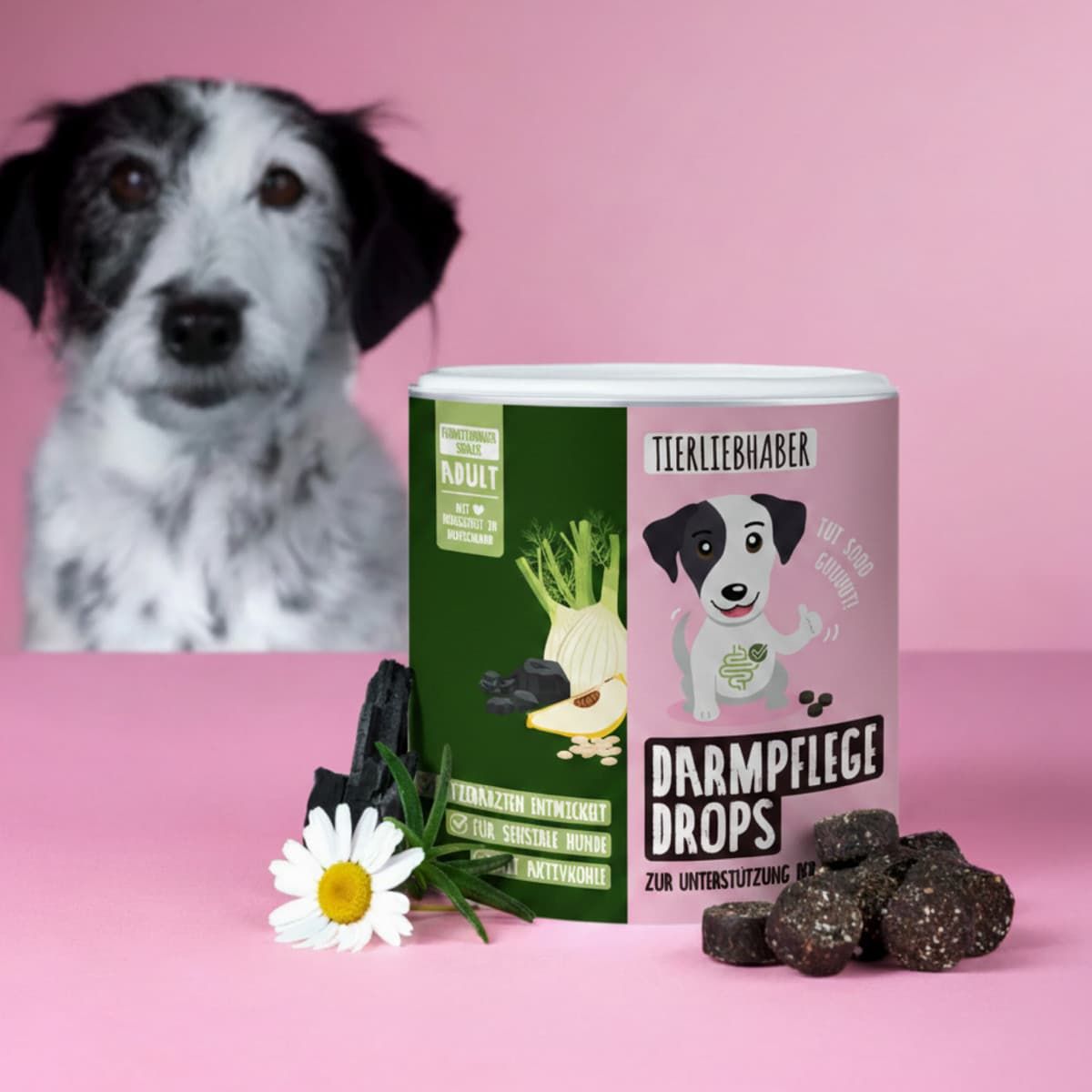 Tierliebhaber Darmpflege Drops Dose mit Hund und Fenchel.