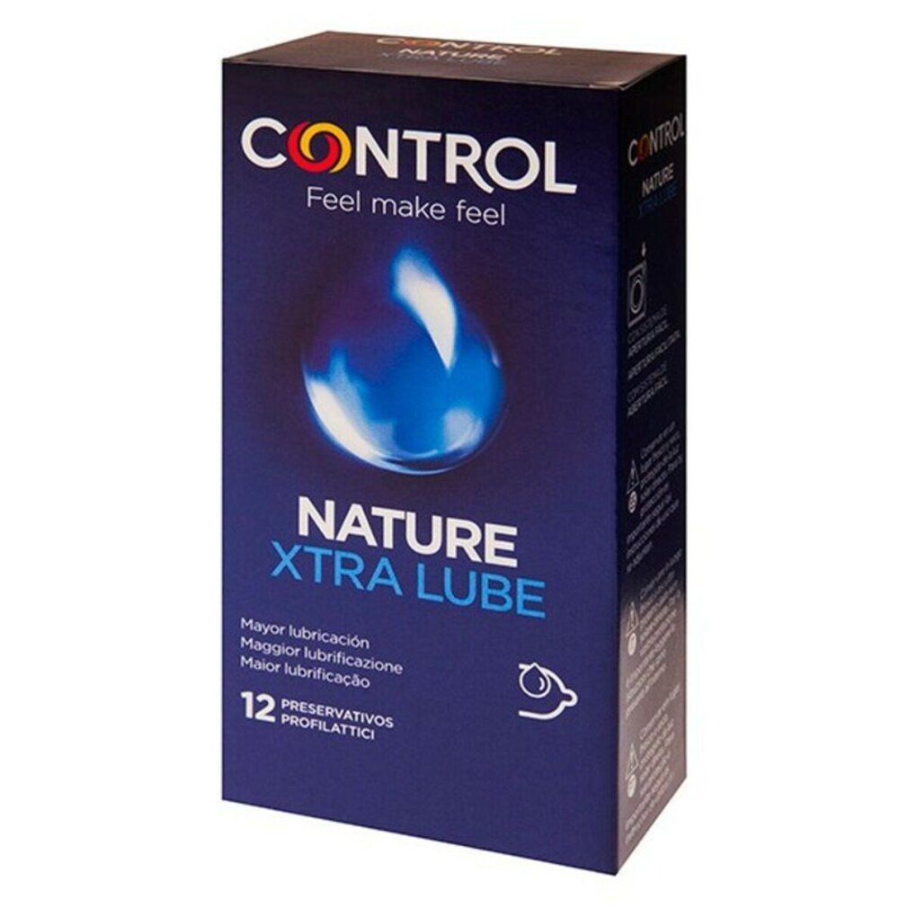 Blau verpackte Schachtel mit Produktnamen und Logo. Enthält 12 Kondome. Aufschrift: Nature Xtra Lube.