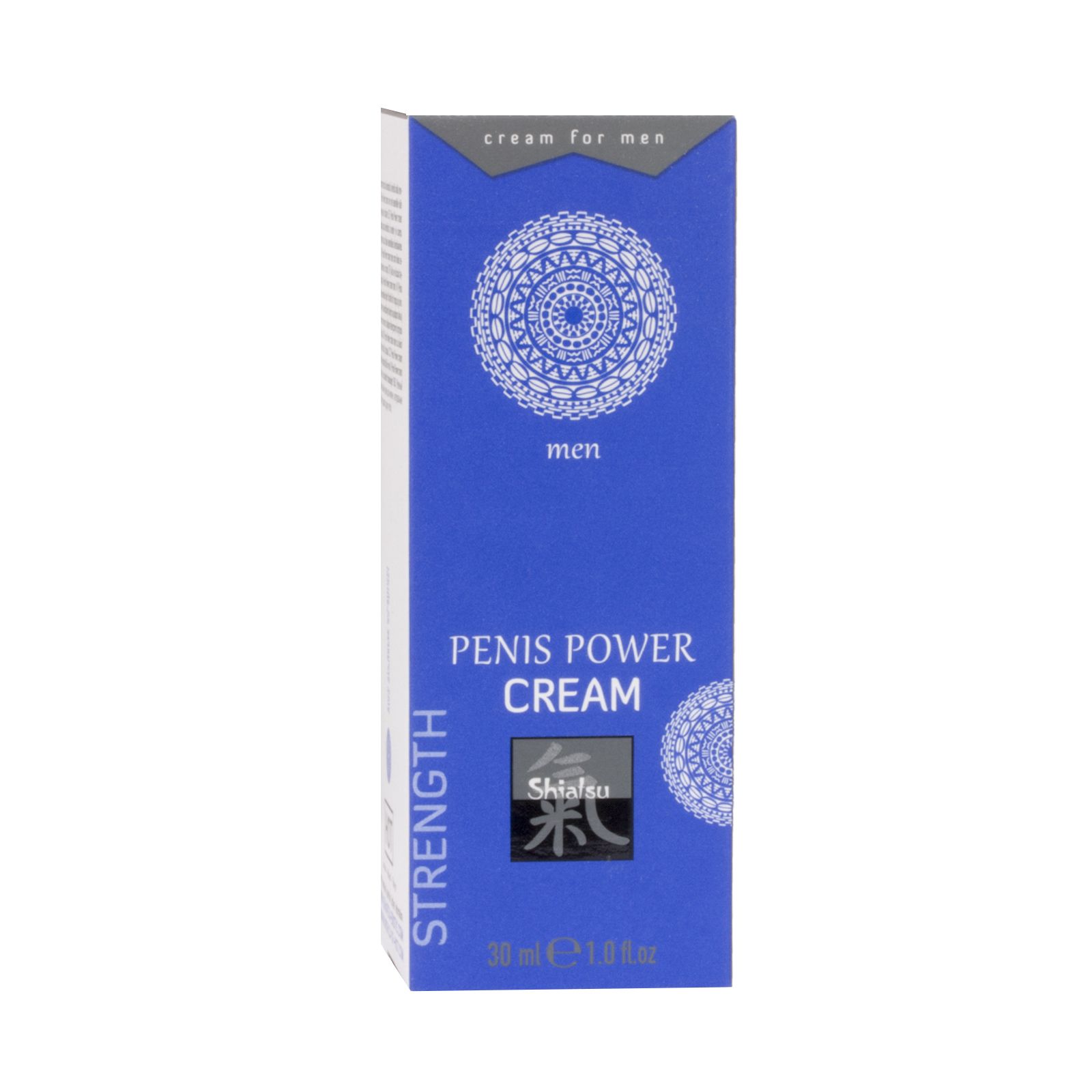 Blaue Schachtel mit Produktnamen und Logo. Text: Penis Power Cream. Marke: Shiatsu. 30 ml.