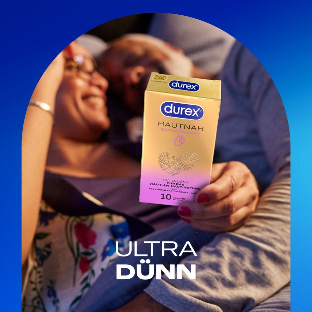 Durex Hautnah Extra Feucht Kondompackung mit Produktmerkmalen wie 'Ultra Dünn' und 'Gleitgel'.