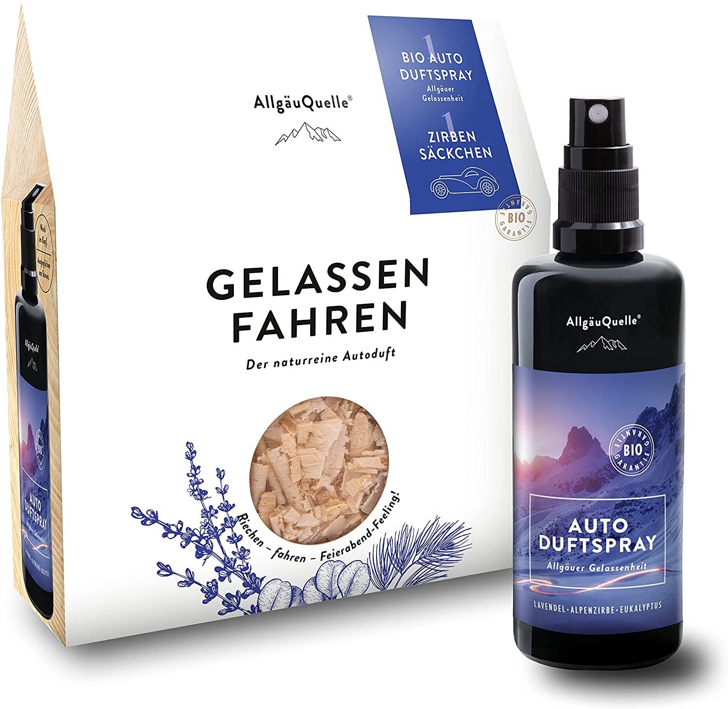 Set mit Duftspray und Zirben-Säckchen. Spray in schwarzer Flasche, Säckchen in weißer Verpackung. Text: Gelassen Fahren, Bio.
