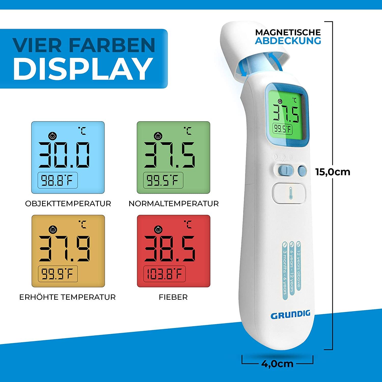 Weißes Thermometer mit digitaler Anzeige. Vier Farb-Display. Abmessungen: 15,0 cm x 4,0 cm. Marke: Grundig.