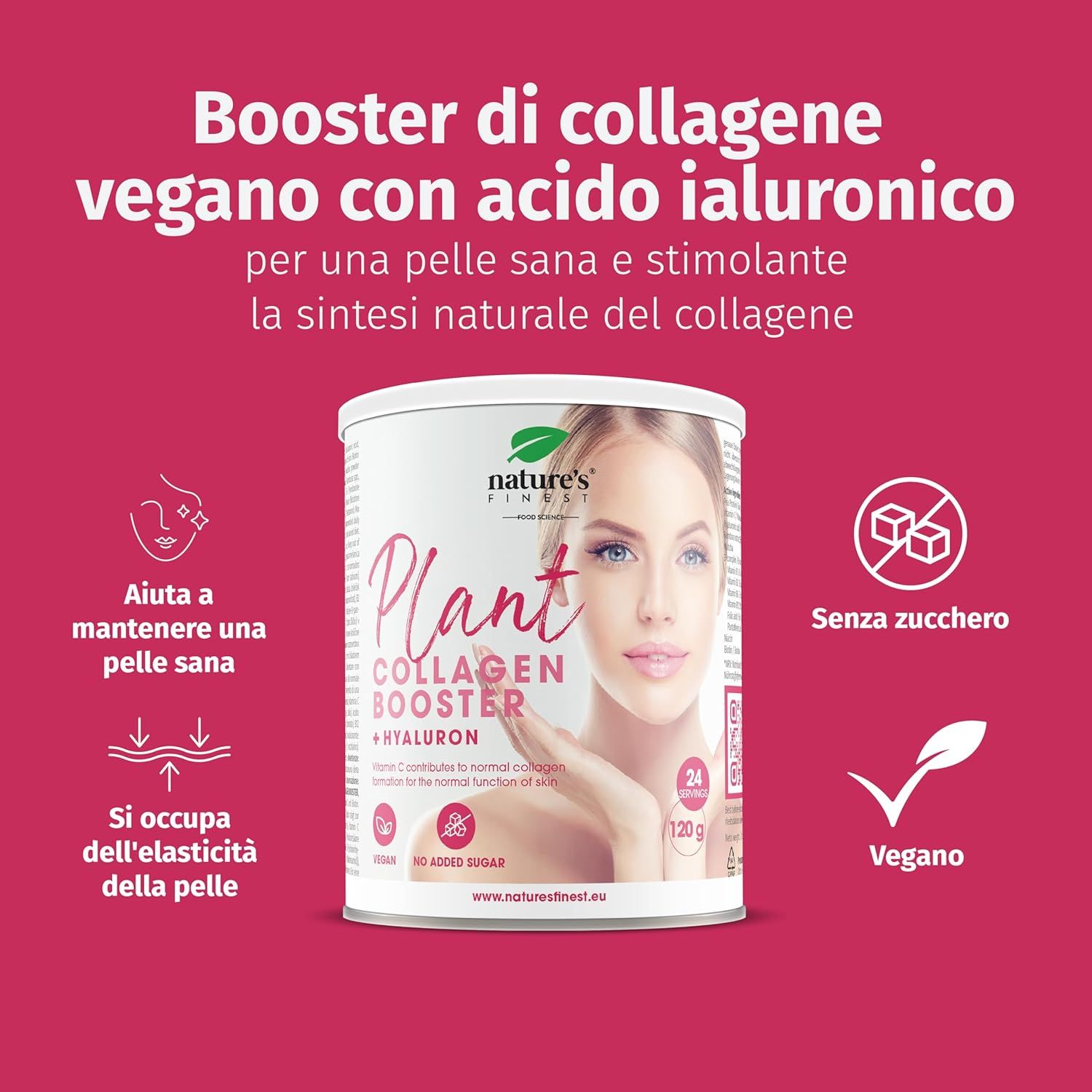 Rote Hintergrund mit Text: Booster di collagene vegano con acido ialuronico. Dose Plant Collagen.