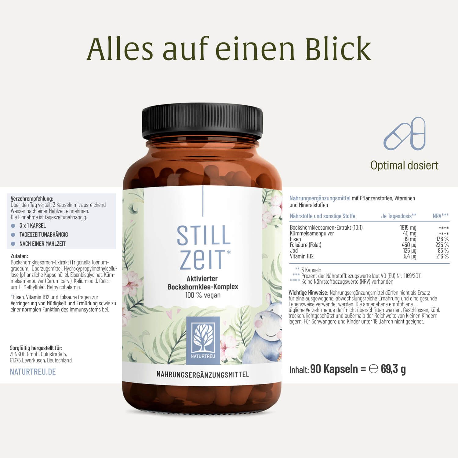 NATURTREU® STILLZEIT Aktivierter Bockshornklee-Komplex, 100% vegan, in Braunglasdose.