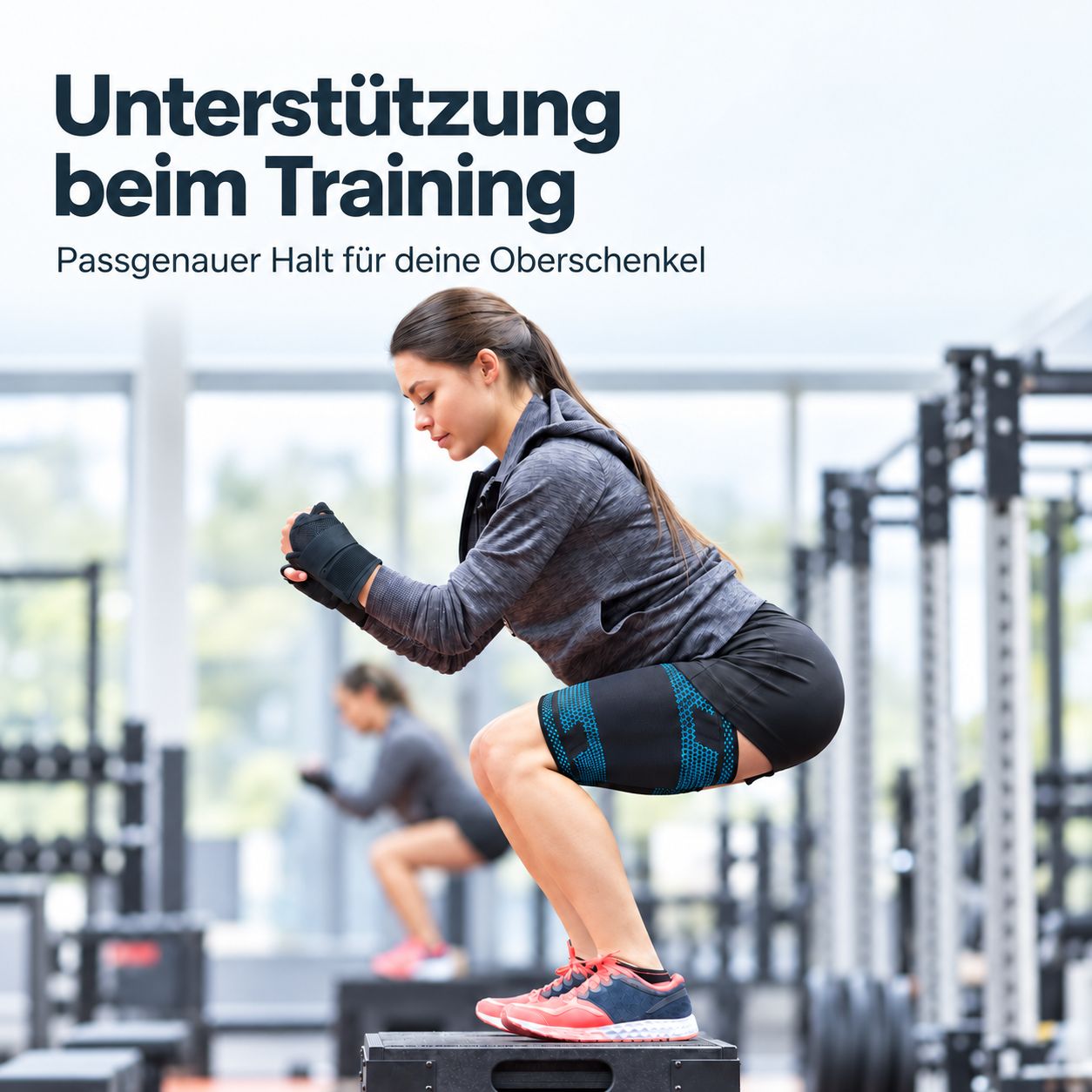 Frau beim Squat-Training mit AGILE NOW Oberschenkelbandagen.