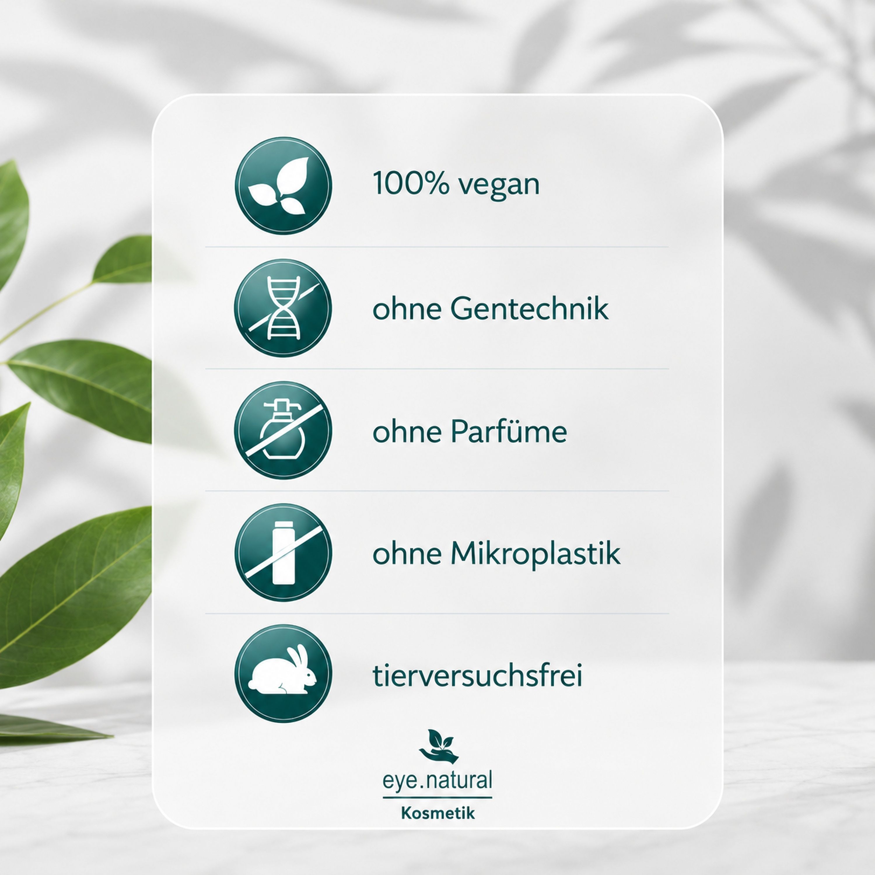 Liste von Produktmerkmalen: 100% vegan, ohne Gentechnik, ohne Parfüm, ohne Mikroplastik, tierversuchsfrei.