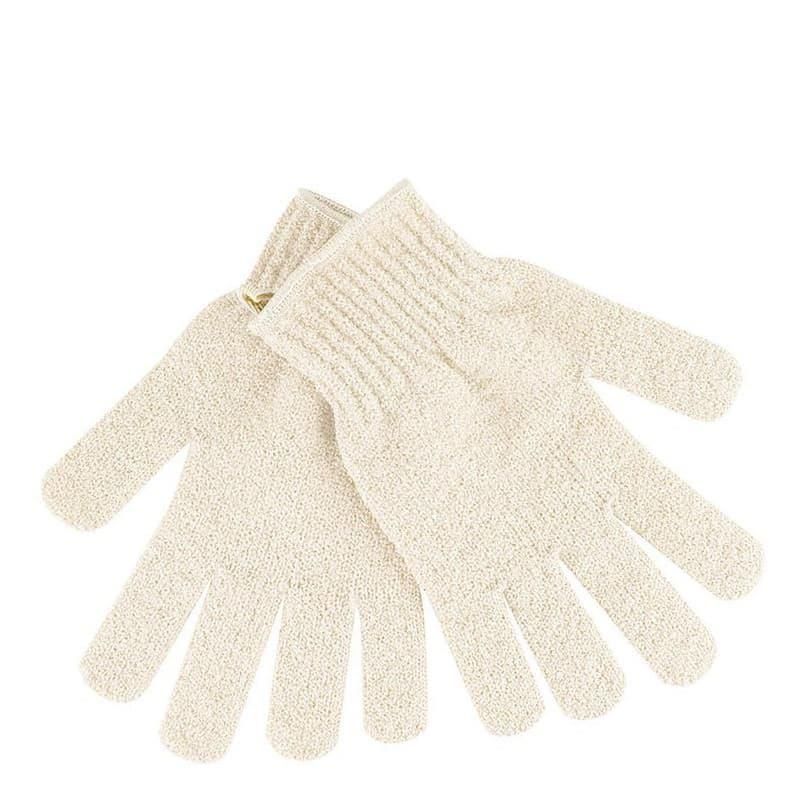 Zwei cremefarbene Peeling-Badehandschuhe. Sie haben eine handschuhähnliche Form mit fünf Fingern und einem gerippten Bündchen.
