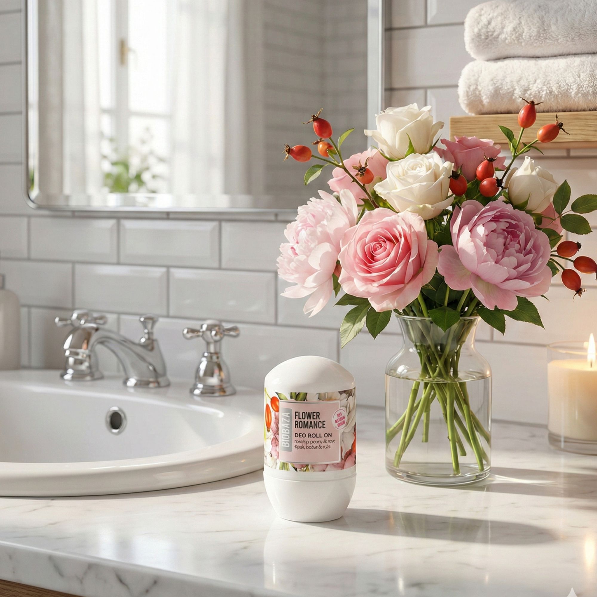 Weißer Deo Roll-on mit floralem Etikett. Steht neben Blumenstrauß im Badezimmer. Aufschrift: Flower Romance, Deo Roll-on.