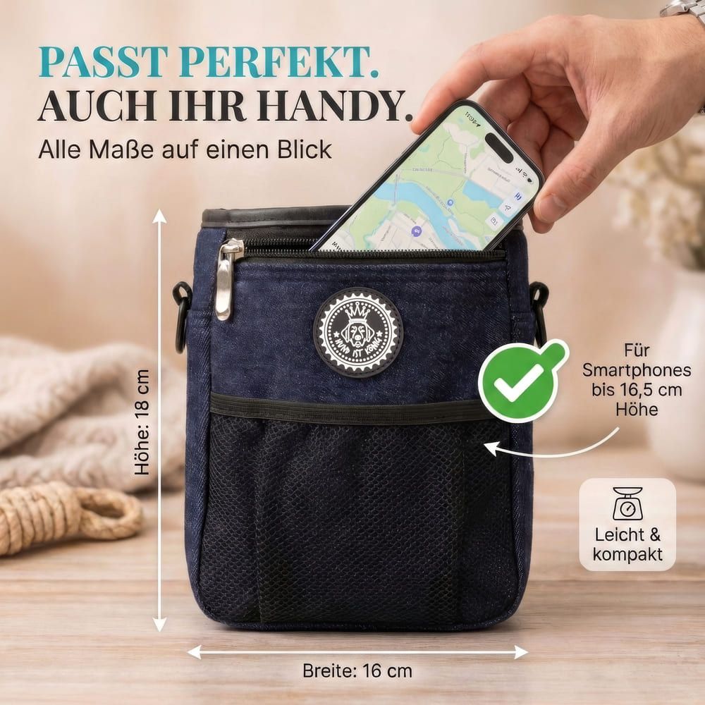 Blauer Futterbeutel mit Smartphone. Höhe: 18 cm, Breite: 16 cm. Für Smartphones bis 16,5 cm Höhe.