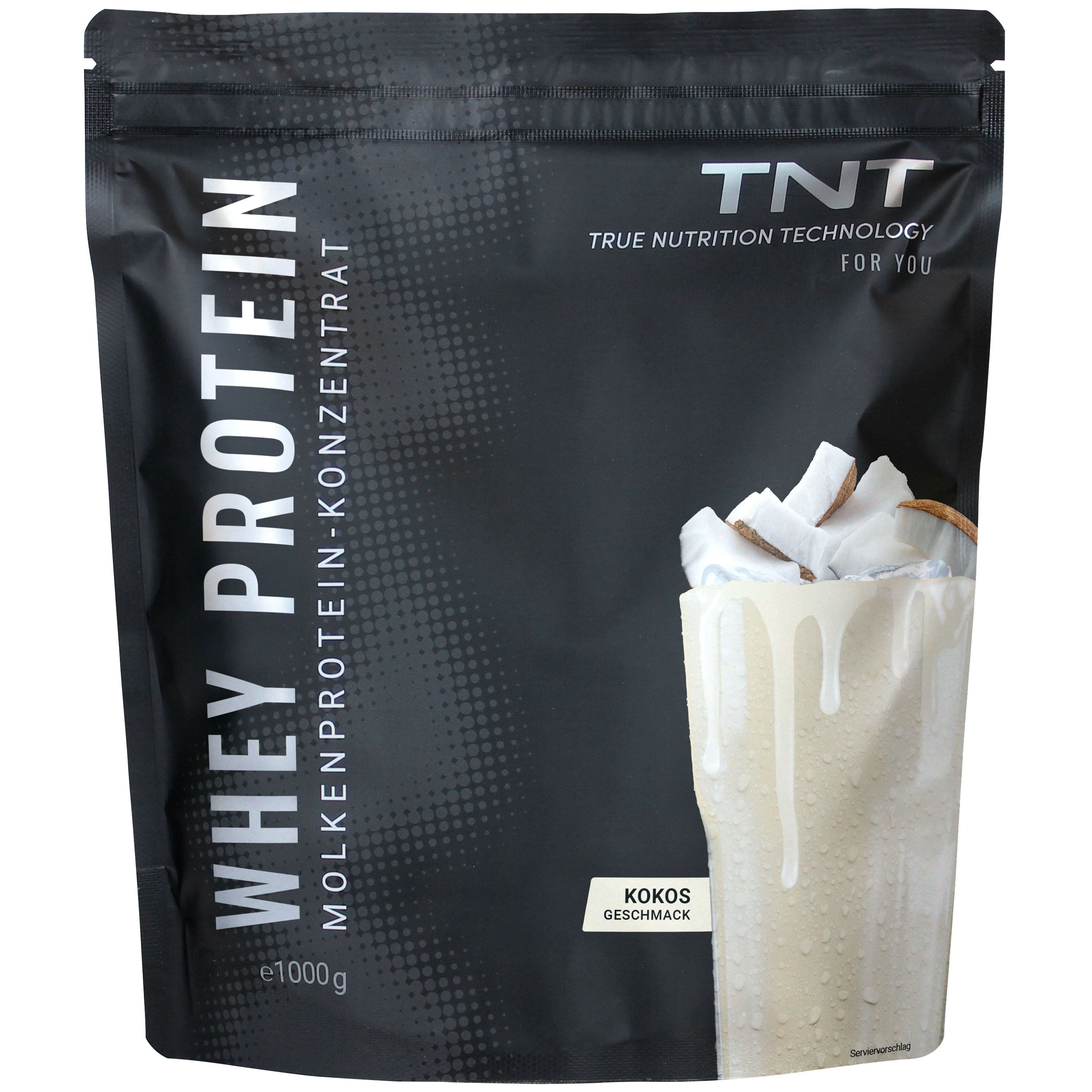 Schwarze Tüte mit TNT Whey Protein Konzentrat. Kokos-Geschmack. Abbildung eines Getränks mit Kokosraspeln.