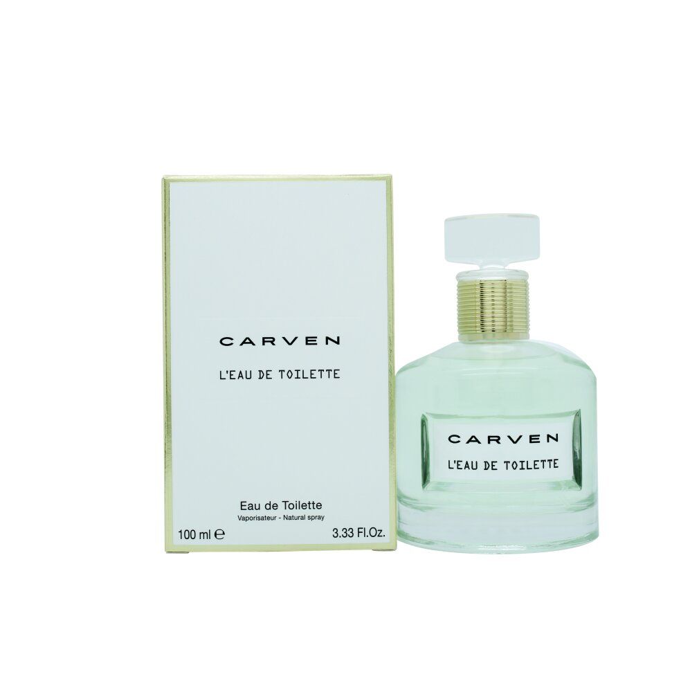 Flakon und Verpackung. Aufschrift: CARVEN L'EAU DE TOILETTE. Flakon mit goldfarbenem Hals und weißem Deckel. Verpackung weiß.
