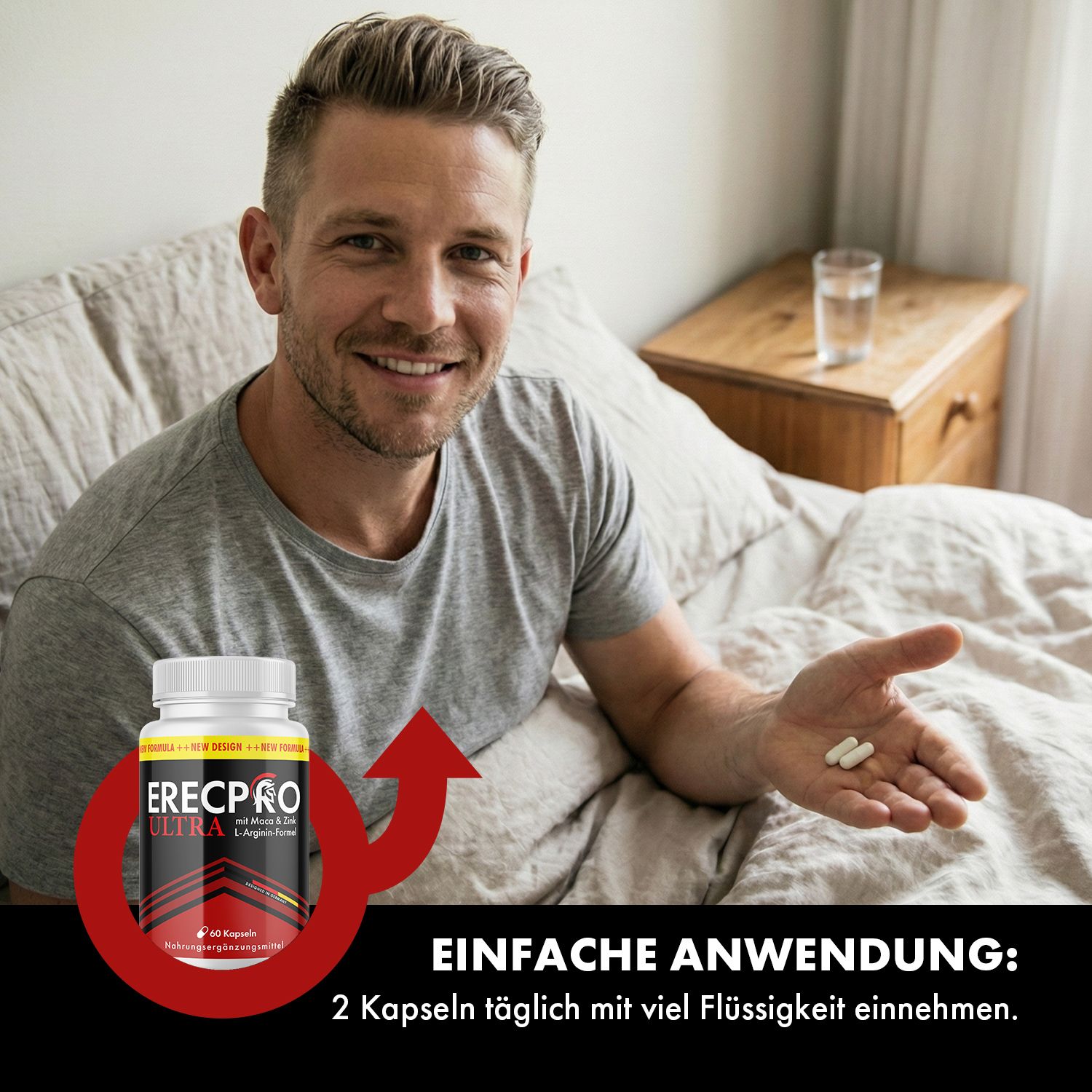 Mann im Bett hält Kapseln. Flasche ERECPRO ULTRA, 60 Kapseln. Text: EINFACHE ANWENDUNG: 2 Kapseln täglich mit viel Flüssigkeit einnehmen.
