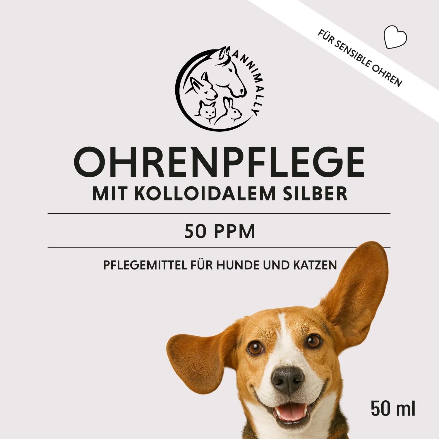 Produktverpackung mit Text: Ohrenpflege mit kolloidalem Silber 50 PPM. Logo mit Tierabbildungen. Hund mit hochgestellten Ohren.