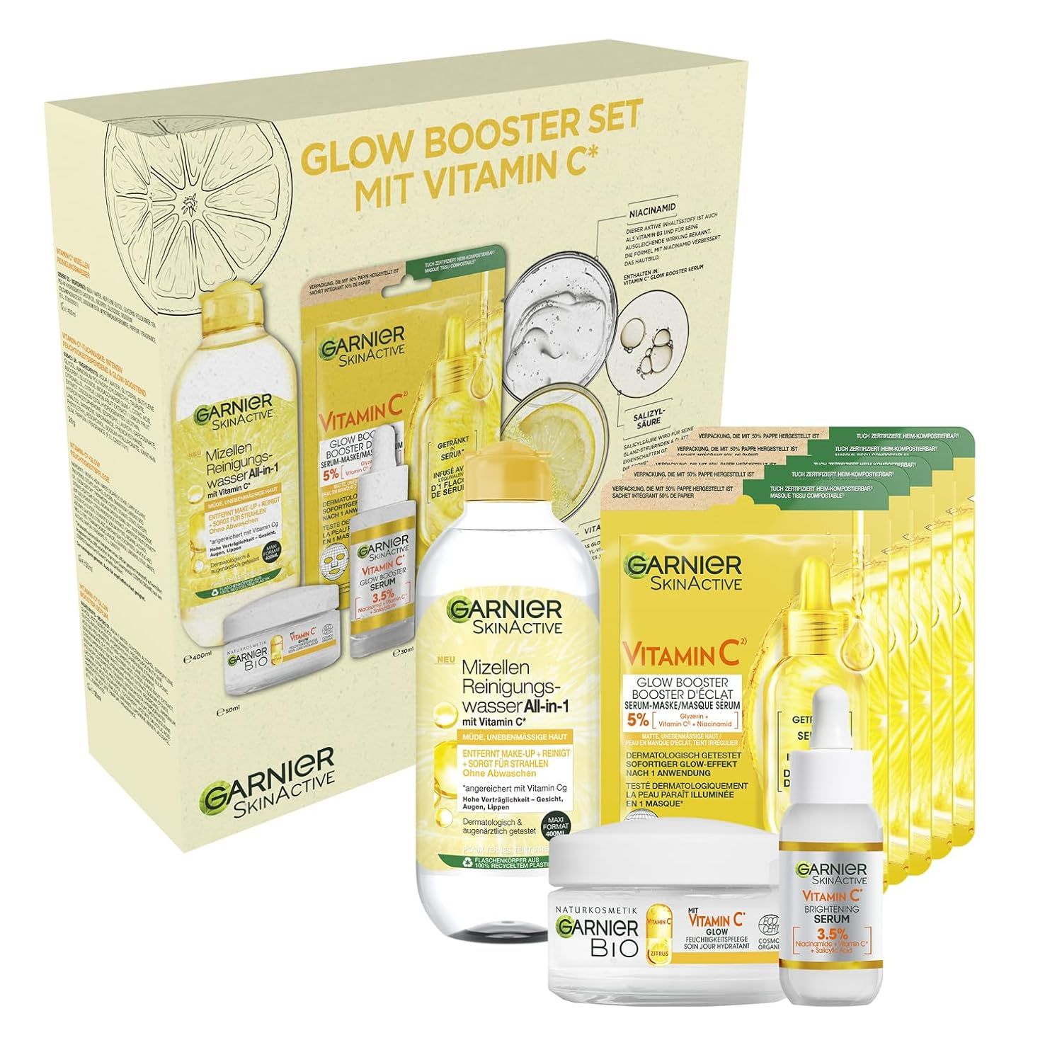 Garnier SkinActive Pflegeset. Enthält Mizellen Reinigungswasser, Serum, Creme und Masken. Gelbe und weiße Verpackung.