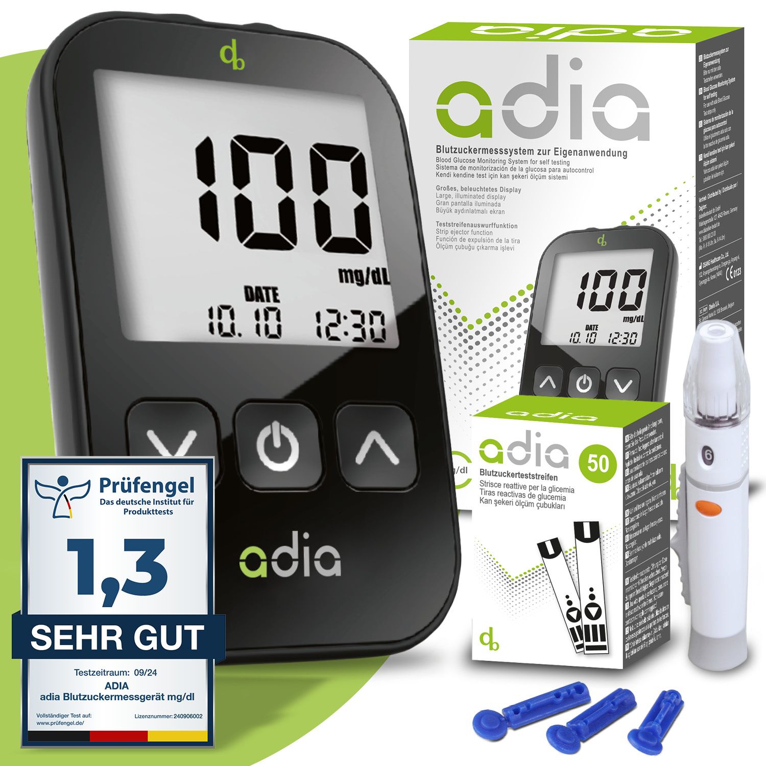 adia Diabetes-Set, mg/dl mit 60 Blutzuckerteststreifen, Stechhilfe, Lanzetten