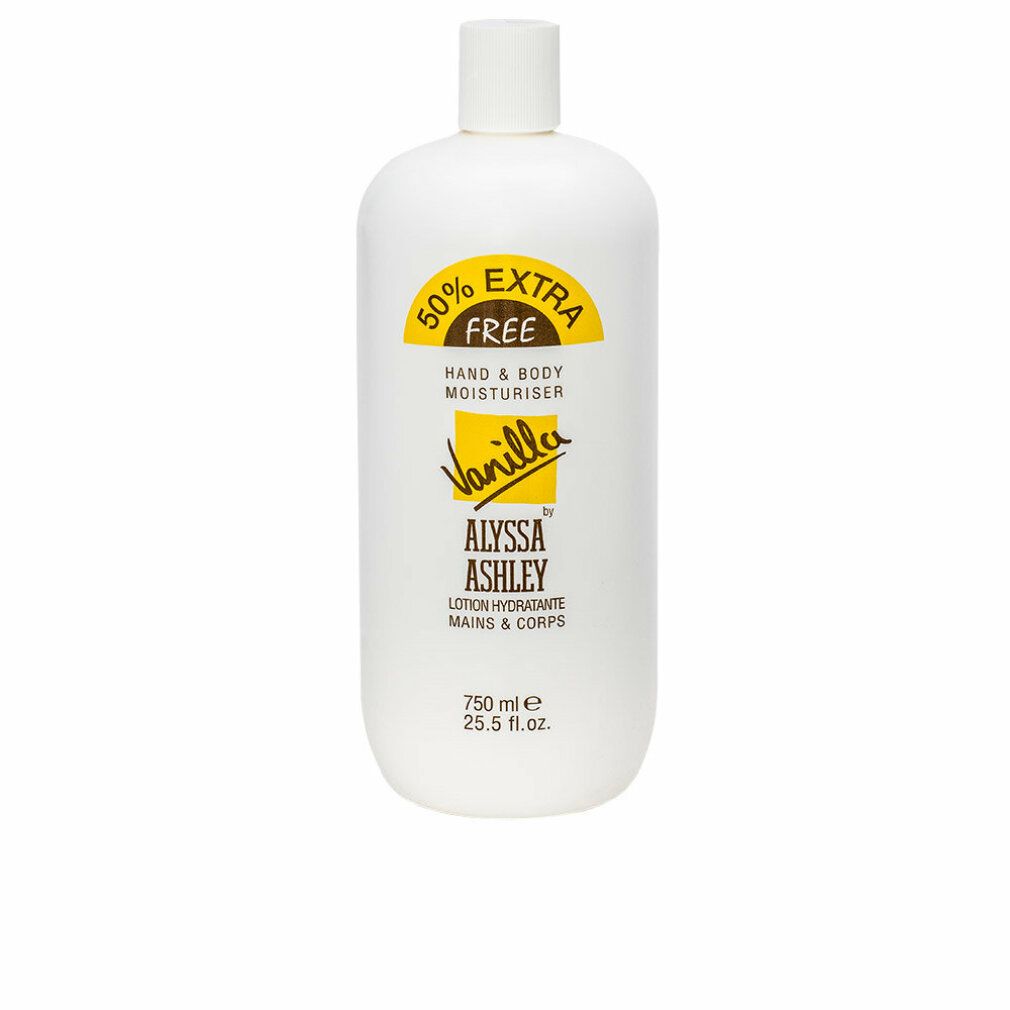 Weiße Flasche mit gelbem Etikett. Aufschrift: 50% EXTRA FREE, HAND & BODY MOISTURISER, Vanilla, ALYSSA ASHLEY. 750 ml.