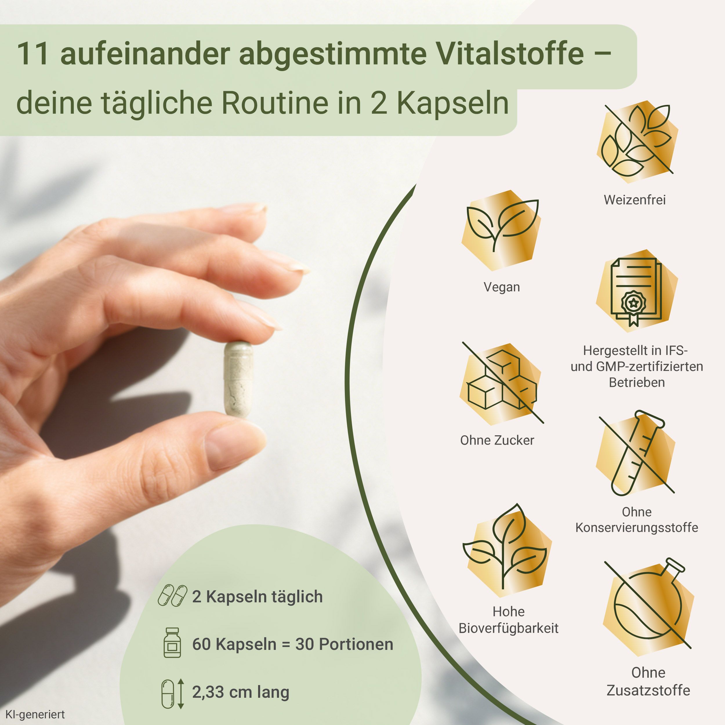 Hand hält eine Kapsel, daneben Icons für vegan, weizenfrei, ohne Zucker.