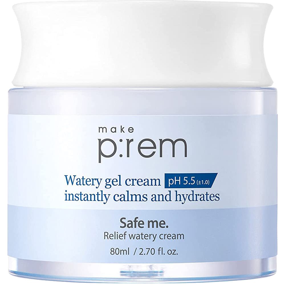 Hautcreme-Glas mit weißem Deckel. Blaue Schrift: make p:rem, Watery gel cream, pH 5.5, Safe me. Relief watery cream.