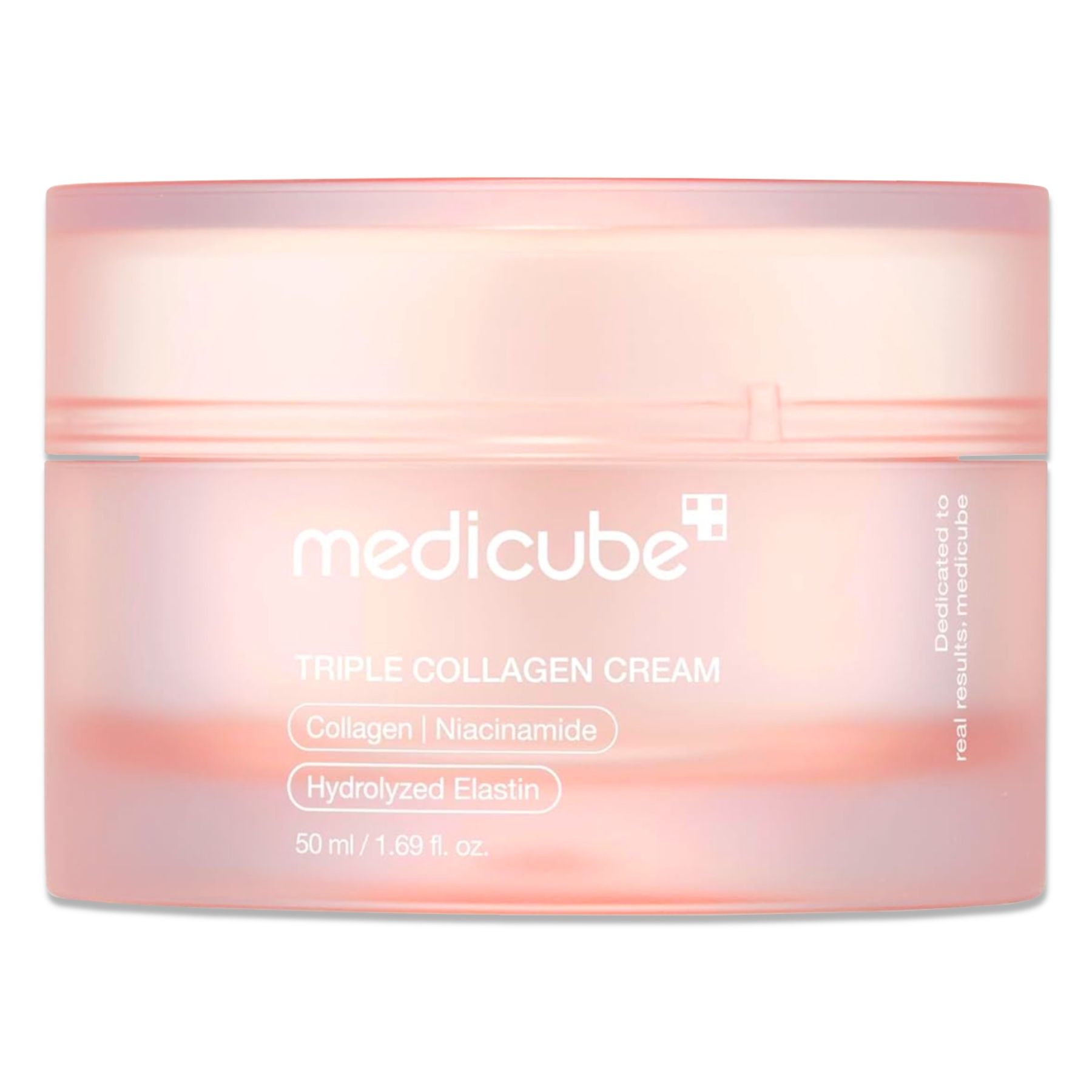 Rosa Tiegel mit Deckel. Aufschrift: medicube, Triple Collagen Cream. Enthält Collagen, Niacinamide, Hydrolyzed Elastin. 50 ml.