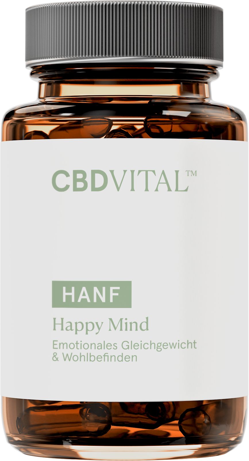 Braune Glasflasche mit Kapseln. Etikett mit CBDVITAL-Logo und 'HANF Happy Mind'.
