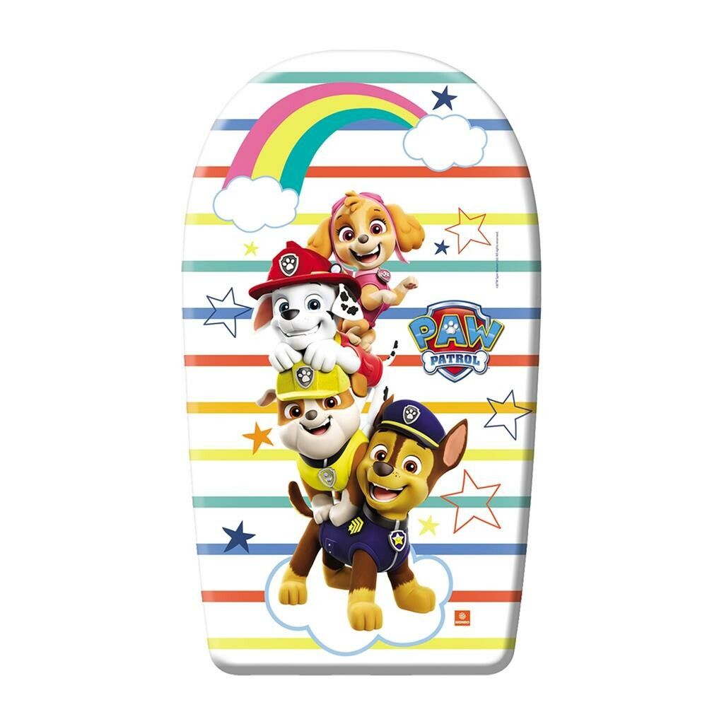 Schwimmbrett mit Paw Patrol-Motiv. Ovale Form, farbige Streifen, Regenbogen und Sterne. Abgebildet sind die Paw Patrol-Charaktere.