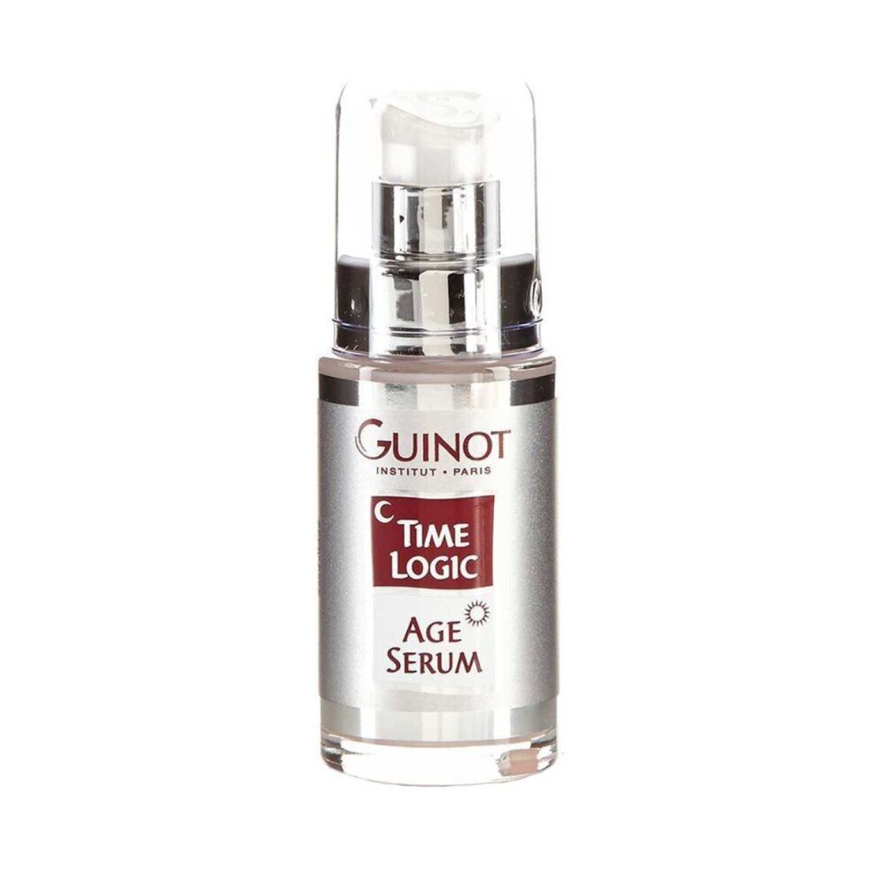 Guinot Time Logic Age Serum Flasche mit Pumpspender. Silbernes Etikett mit rotem Feld und Text.