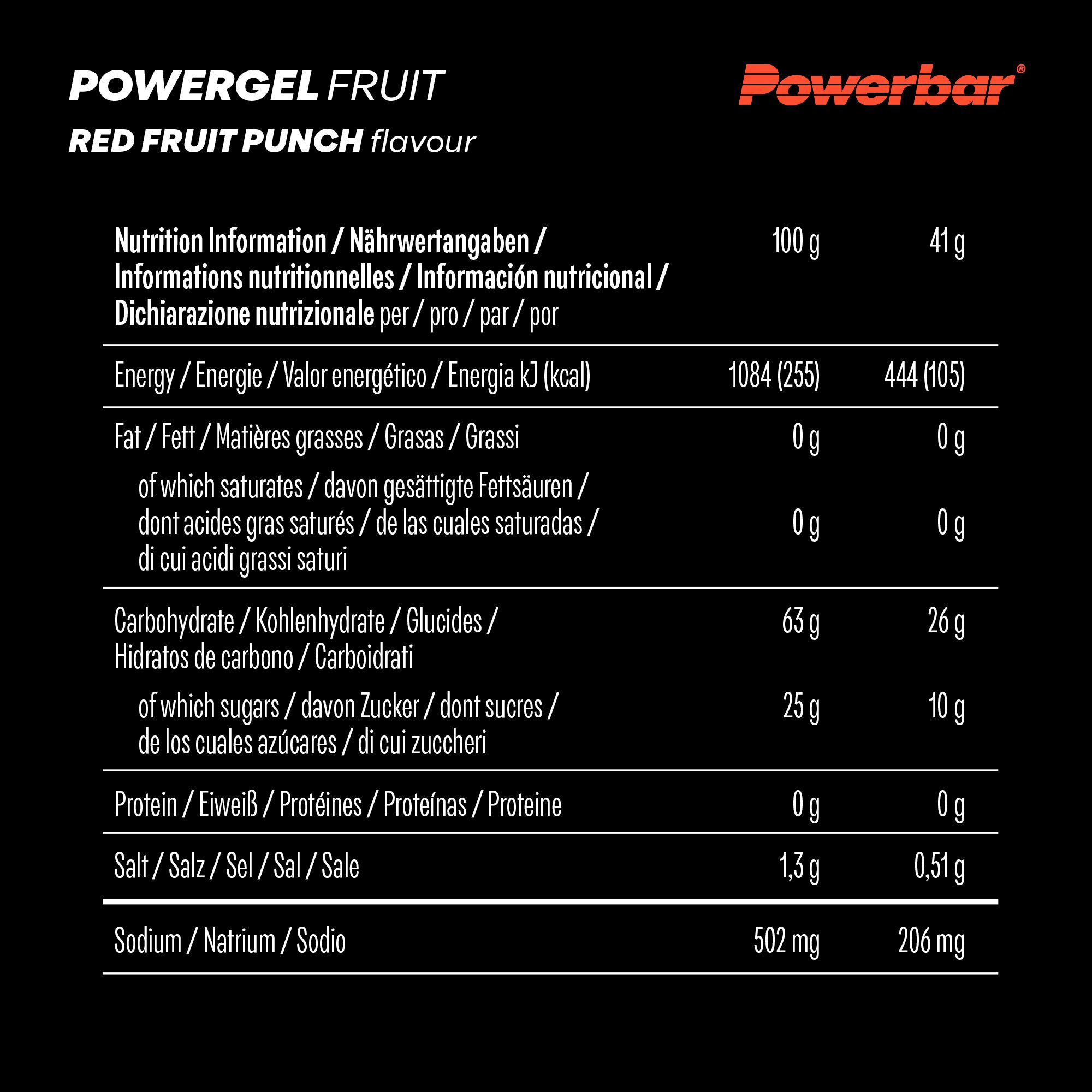 Nährwerttabelle für PowerBar PowerGel Fruit. Angaben in Deutsch, Englisch, Französisch und Italienisch.
