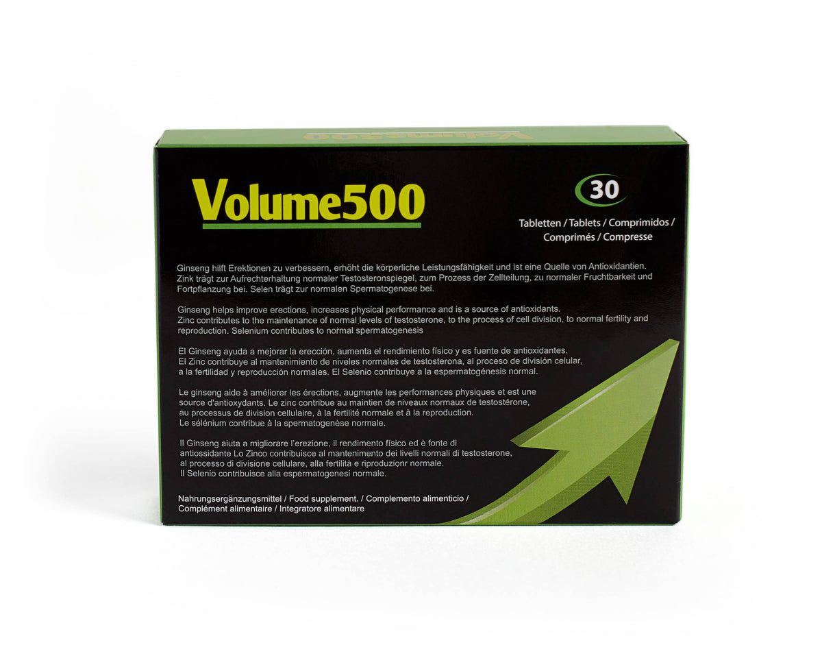 Schwarze Schachtel mit "Volume500"-Logo und Text. Enthält 30 Tabletten. Grüne Pfeil-Grafik.