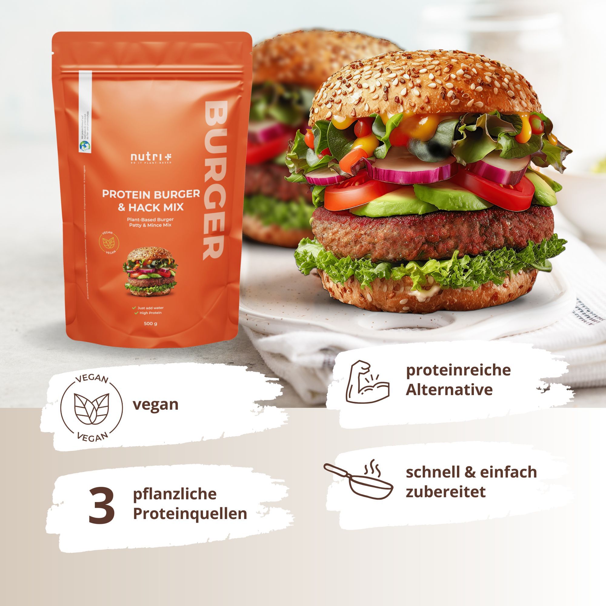 Verpackung und Burger. Text: Protein Burger & Hack Mix. Vegan-Siegel. 3 pflanzliche Proteinquellen. Proteinreiche Alternative.