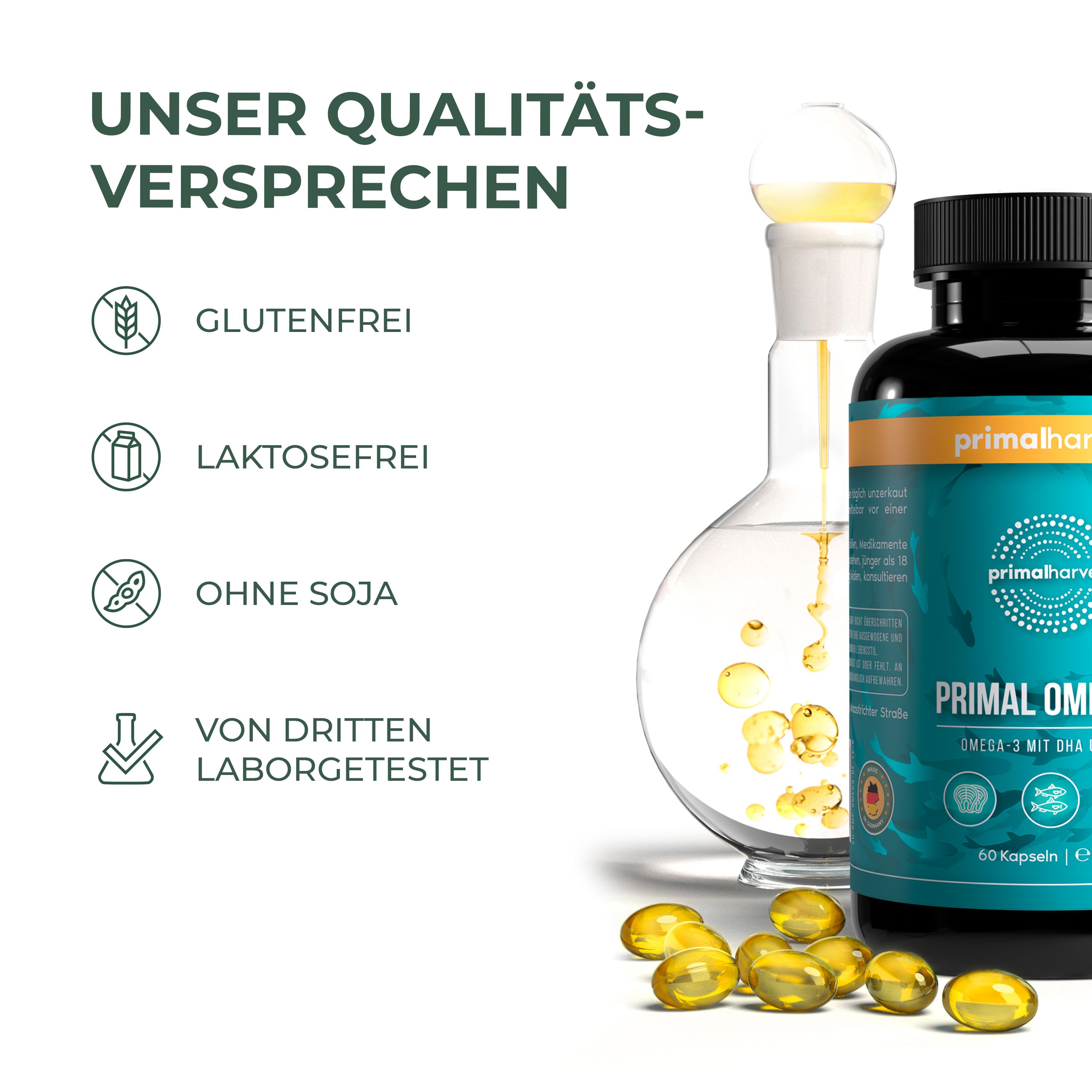 Flasche Primal Harvest Omega-3. Aufschrift: Primal Omega-3. Mit 60 Kapseln. Text: glutenfrei, laktosefrei, sojafrei.