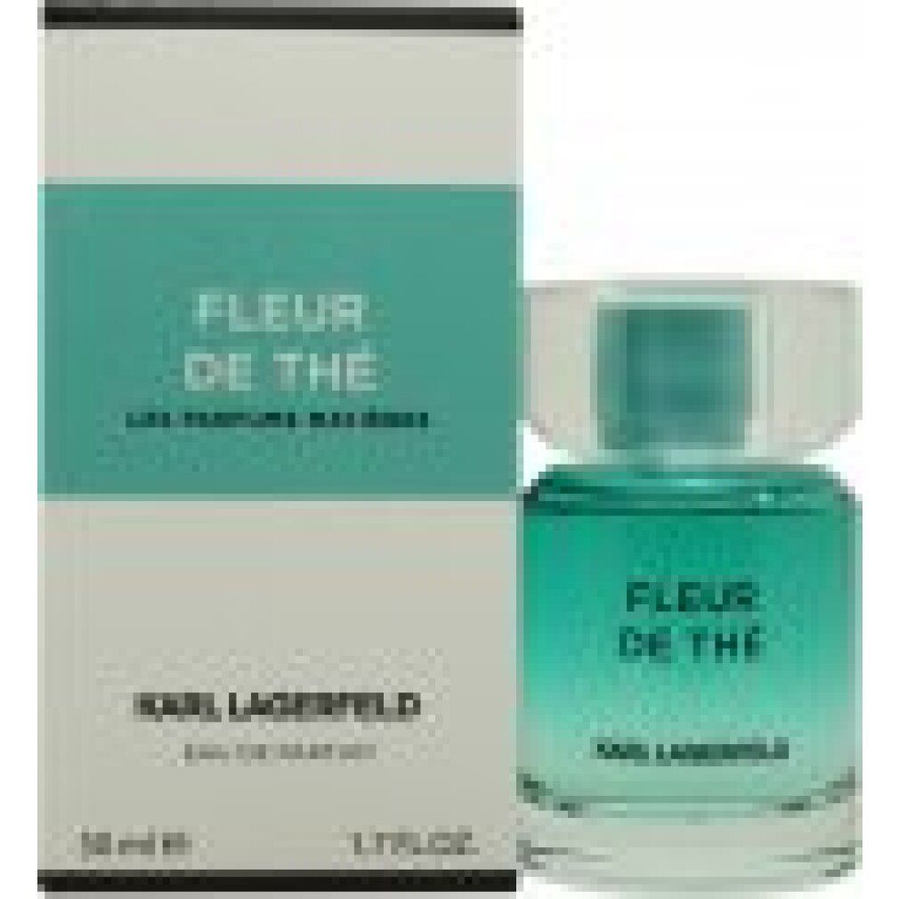 Flakon und Verpackung. Flakon: Türkis, transparent. Verpackung: Weiß, Türkis. Aufschrift: Fleur de Thé, Karl Lagerfeld.